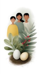 Family of three people are standing in front of a nest with two eggs