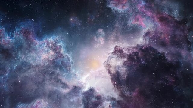 Vast celestial expanse with vibrant nebulae, cosmic dust, and scattered stars