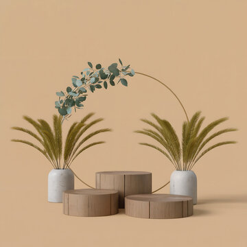 Minimalist Wood Pedestal Display with Eucalyptus and Pampas Grass