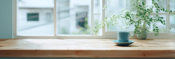 Blue coffee cup sits on a wooden table next to a potted plant