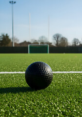 Obraz premium Black hockey ball resting on a green artificial turf field with a background of a sports field. A stationary object on the field at a professional sports complex.