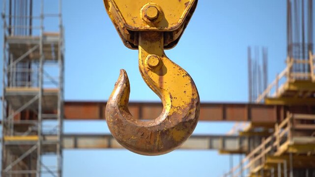 Close-up of a rusty construction hook on a building site with scaffolding and a steel beam in the background.