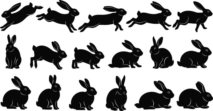 Black rabbit silhouettes set, jumping, running, and sitting bunny poses, vector hares collection for Easter design, nature wildlife icons isolated, 2026. (21 words)