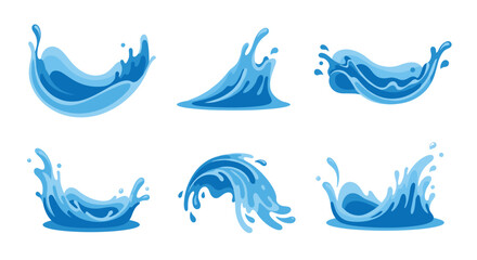 Fototapeta premium Set of six dynamic blue water splashes and flowing wave illustrations, isolated on a white background for design.