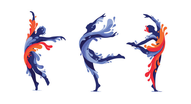 Set of three abstract dancers in dynamic poses, with their bodies formed from colorful blue and red water splashes.