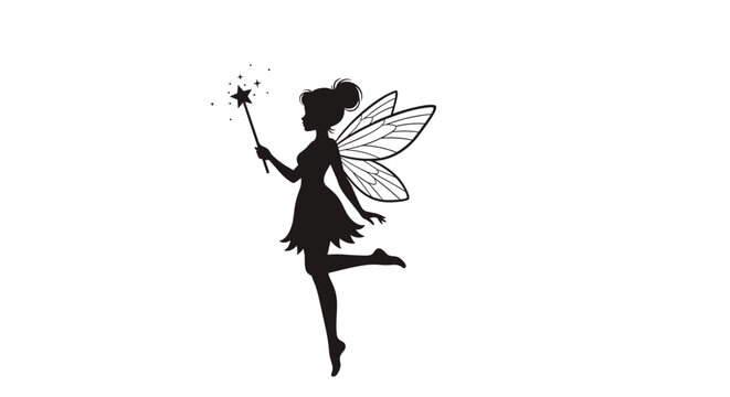 A simple and magical black silhouette of a flying fairy with wings, holding a sparkling magic wand on a white background.
