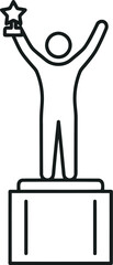Line icon of a champion standing on a pedestal holding a star trophy for success.