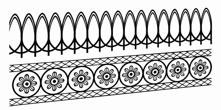 Gemini said

Vintage black metal ornament set featuring seamless vector patterns for wrought iron fence, gate, and railing designs with floral lace borders and steel frame art elements