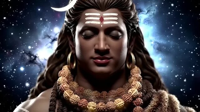 Lord Shiva Meditating in Cosmic Space with Crescent Moon and Stars.