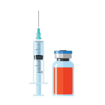 A minimalist flat vector illustration of a medical syringe filled with blue liquid next to a blue vaccine vial, clean white background, soft gradients, simple modern design, long subtle shadows.