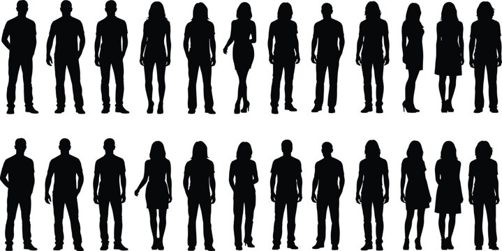 Large collection of diverse young people silhouettes standing in two rows featuring men and women in casual summer clothing and professional attire.