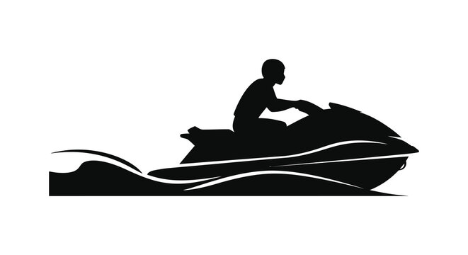 A striking black silhouette depicts a person joyfully riding a jet ski across dynamic water waves silhouette