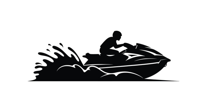 A dynamic black silhouette of a jet ski speeding through water creating a dramatic splash silhouette high quality