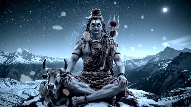 Lord Shiva Meditating in Snowy Mountains with Nandi Bull.