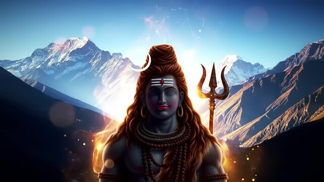 Lord Shiva meditating in the Himalayas with a trident.