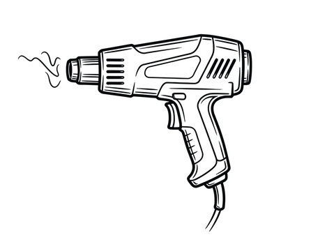 Illustration of a heat gun with a sturdy handle and a nozzle emitting squiggly lines indicating heat. Clean lines create a technical vibe.