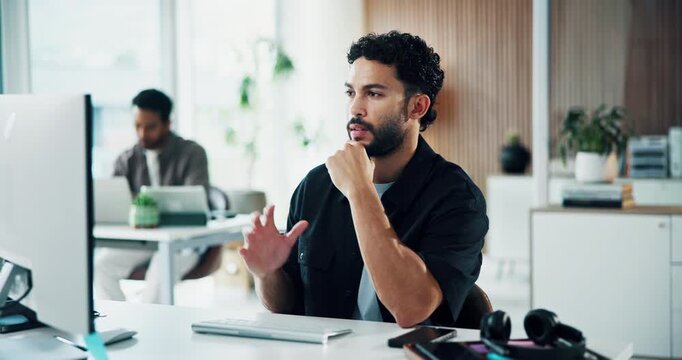 Computer, reading and think with business man in office for brand idea, problem solving or insight. Inspiration, person and marketer with tech at work for creative campaign, planning and coworking