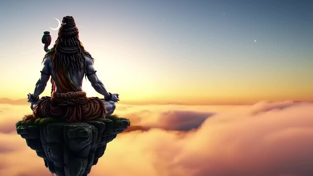 Lord Shiva meditating on a floating rock above the clouds at sunset.