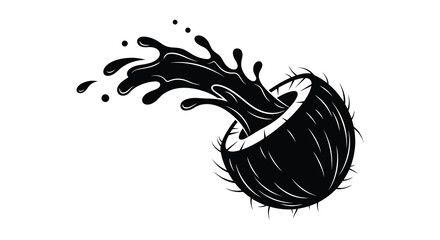 A striking black graphic depicts a cracked coconut with liquid splashing outwards utilizing bold shapes and a stark silhouette © jivect02