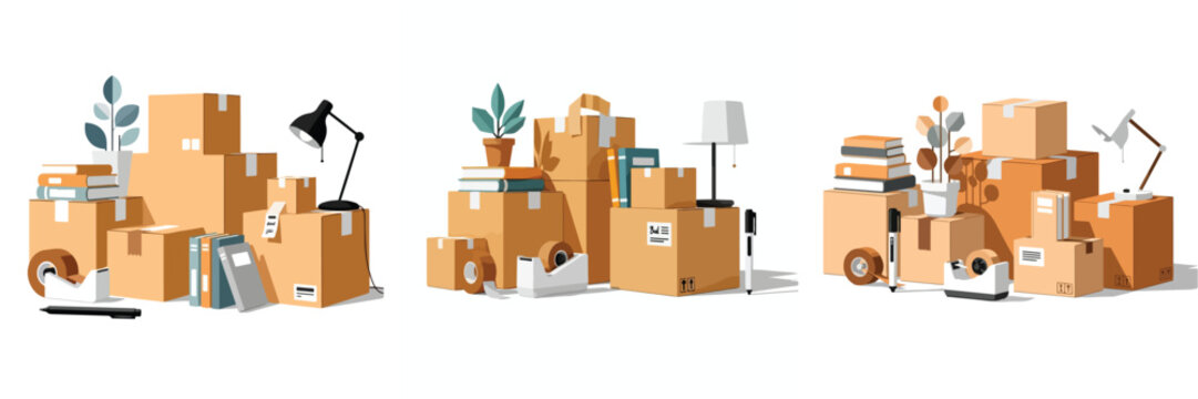 Flat vector illustration set of stacked cardboard moving boxes with office items, books, folders, tape dispenser, desk lamp, and plant. Minimalist modern style, soft neutral colors, clean shapes