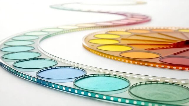 Color Film Strip Winding Through Rainbow Gradient Circles on White Background