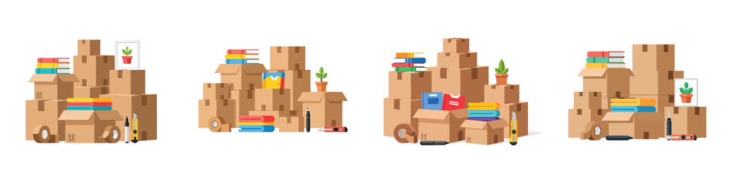 Flat vector illustration set of stacked cardboard moving boxes with office items, books, folders, tape dispenser, desk lamp, and plant. Minimalist modern style, soft neutral colors, clean shapes