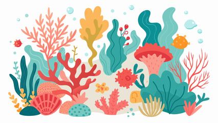 Obraz premium colorful underwater coral reef scene with seaweed sea plants shells and anemones flat vector illustration on white background for ocean marine children education and summer decor