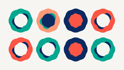 abstract layered circular and octagonal geometric shapes in coral navy and teal flat vector illustration on off-white background for modern logo brand identity and graphic design
