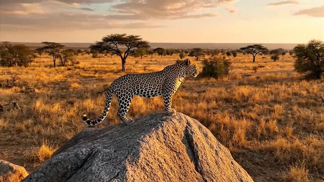 Majestic Leopard Perched on Rock Overlooking African Savannah at Sunset.