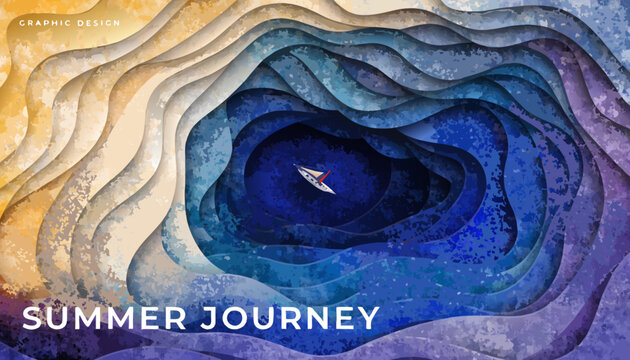 summer journey dramatic layered paper cut aerial ocean landscape with sailboat gradient purple blue and beige tones flat vector illustration for travel campaign luxury resort and editorial graphic des