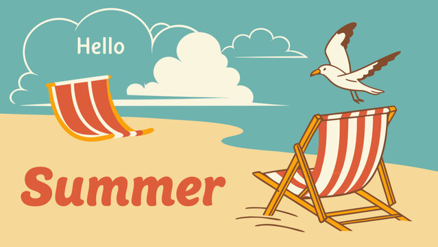 hello summer retro beach scene with striped deck chairs seagull ocean and cloudy sky flat vector illustration in vintage style for travel promotion seasonal greeting and lifestyle branding