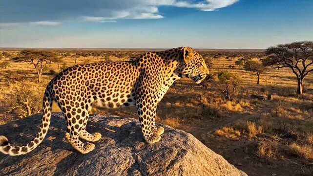 Majestic Leopard Standing on a Rock in the African Savanna at Sunset.