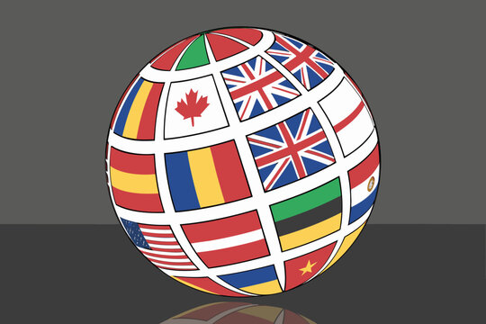 illustrated globe sphere made of international world flags representing multicultural unity global diplomacy and interconnected nations on dark gray background vector illustration