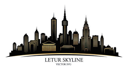 Naklejka premium Modern City Skyline Silhouette with Golden Accents