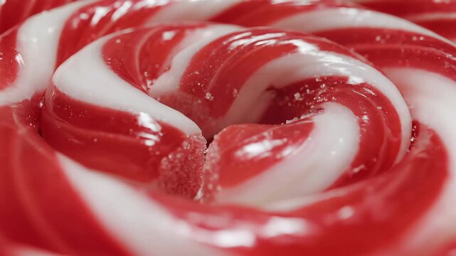Close-up of a red and white swirled candy, a sweet treat.
