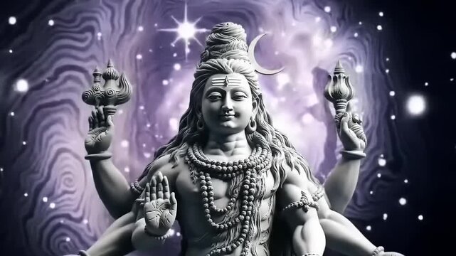 Lord Shiva Statue with Multiple Arms in Cosmic Background.