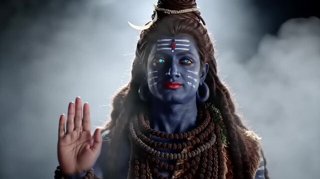 Lord Shiva with blue skin and third eye in mystical smoke.