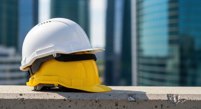 Stacked white and yellow construction helmets with city skyline background