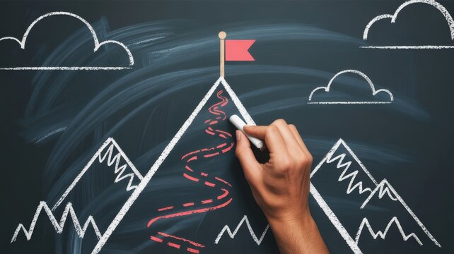 A hand draws a red flag at the peak of a chalk-drawn mountain with a winding path, symbolizing achievement and goal-setting on a blackboard.