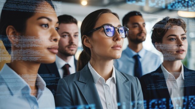 A diverse group of professionals focused intently on digital data and coding displayed in front of them, symbolizing teamwork and technology innovation.