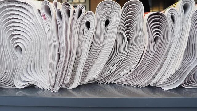 Stacks of newspapers folded and arranged in a line, print media production process captured in motion