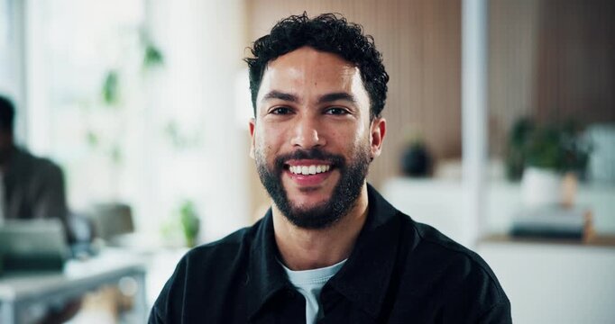 Journalist, face or man in newsroom with laugh, experience or pride in media job. Portrait, coworking or male person in agency with confidence, about us or career growth in publishing industry.