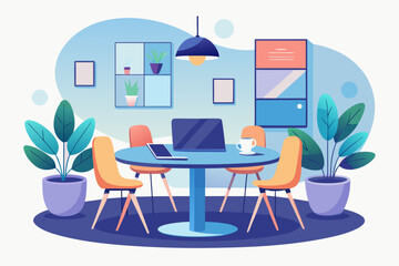 Fototapeta premium Modern office workspace with round table and potted plants