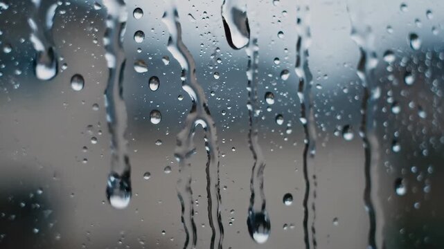 raindrops sliding down a window pane, creating a moody, calming atmosphere suitable for introspection, weather reporting, and wellness themes.