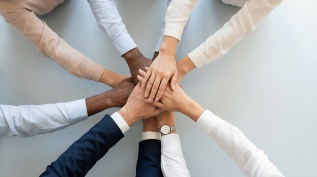 Diverse business team stacking hands in unity and cooperation