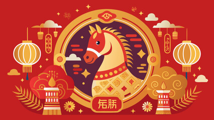 A vibrant illustration of a horse with red lanterns and chinese characters. Vector © Rana Islam
