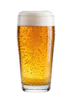 Ice-cold nonic pint glass, full of golden pale ale with creamy micro-foam and heavy condensation, isolated on a reflective white high-key background with copy space. concept for beverage advertising