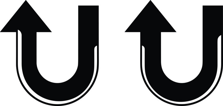 U turn arrow icon set in bold black style representing reverse direction navigation traffic signs and user interface symbols isolated on white background