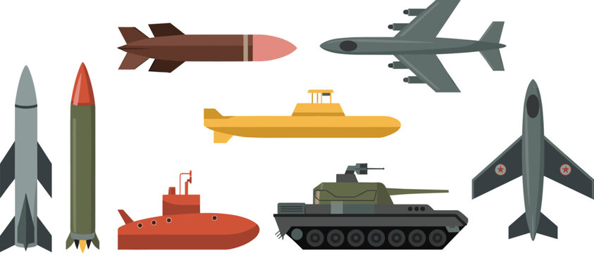 Military weapons and transport illustration, rockets submarine tank bomber aircraft set, modern defense equipment vector, isolated white background