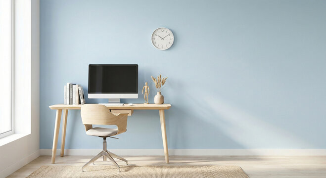 Modern home office with computer and minimalist decor on light blue wall background
